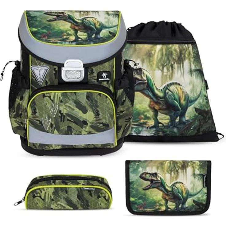 Belmil Mini-Fit Schulranzen Set 4-teilig (405-33/AG/S), ergonomischer Schulranzen mit Brustgurt, wasserdicht, 17 L Volumen, Lost World – Bild 1