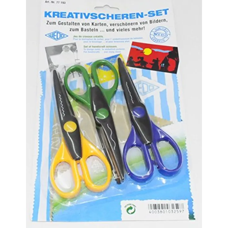WEDO 77193 Kreativ Scheren, 3er-Set mit Wellen-, Zacken- und Büttenschnitt, 16 cm, farbig sortiert