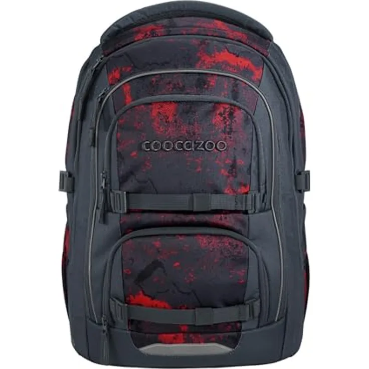 Coocazoo Porter Schulrucksack „Broken Black”, schwarz-rot, ergonomisch, höhenverstellbar, mit Brustgurt & Hüftgurt, ideal für die 3. Klasse