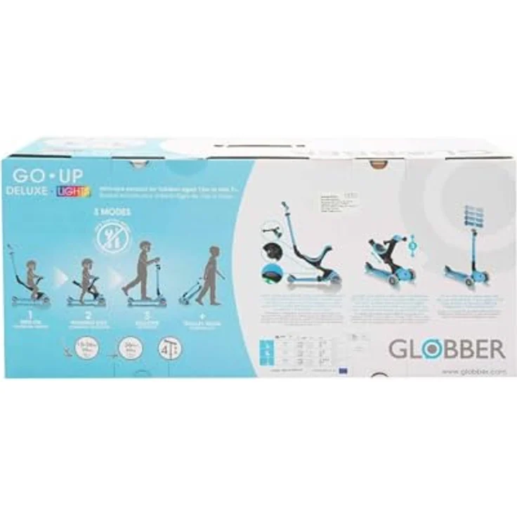 Globber Go-Up Deluxe Lights, Scooter mit Leuchtrollen, hellblau, 3-in-1 Nutzung, höhenverstellbar, für 15-36 Monate – Bild 7