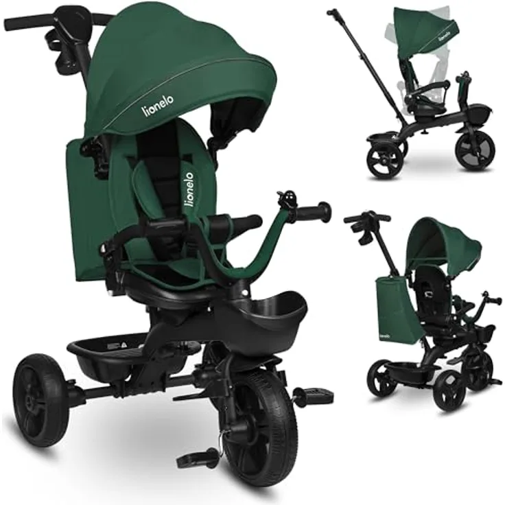 Lionelo Kori Dreirad mit Schubstange für Kinder ab 1,5 bis 5 Jahre, drehbarer Sitz, Magnesium-Rahmen, wartungsfreie Gummiräder, abnehmbares Vordach