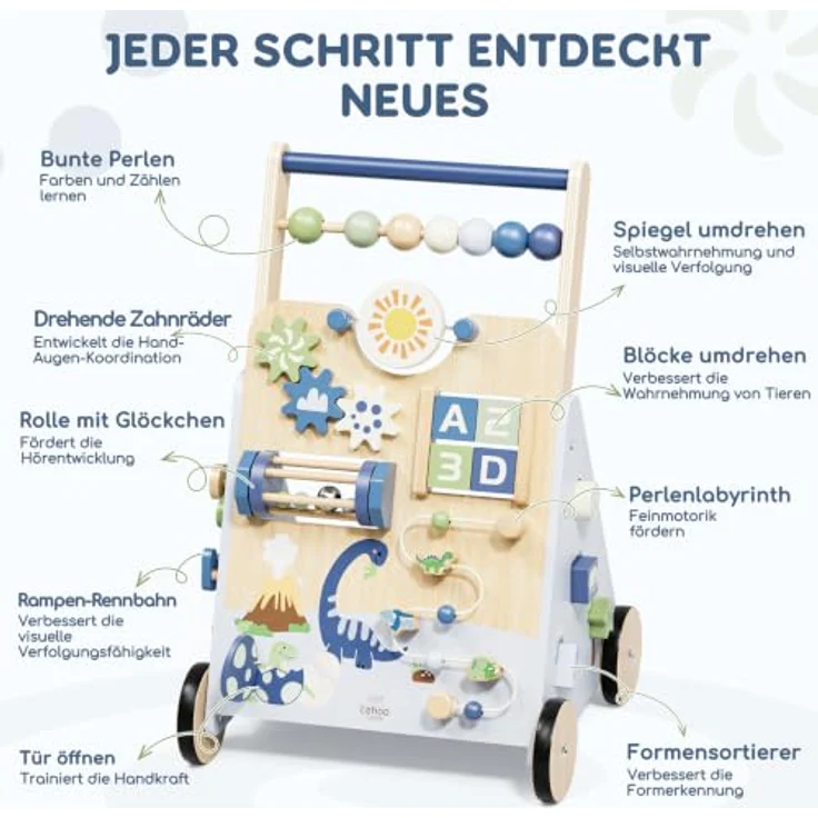 Lehoo Castle Lauflernwagen Holz, Dinosaurier Laufwagen mit Geschwindigkeitsregler und 9 interaktiven Spielmöglichkeiten für Babys ab 1 Jahr – Bild 4