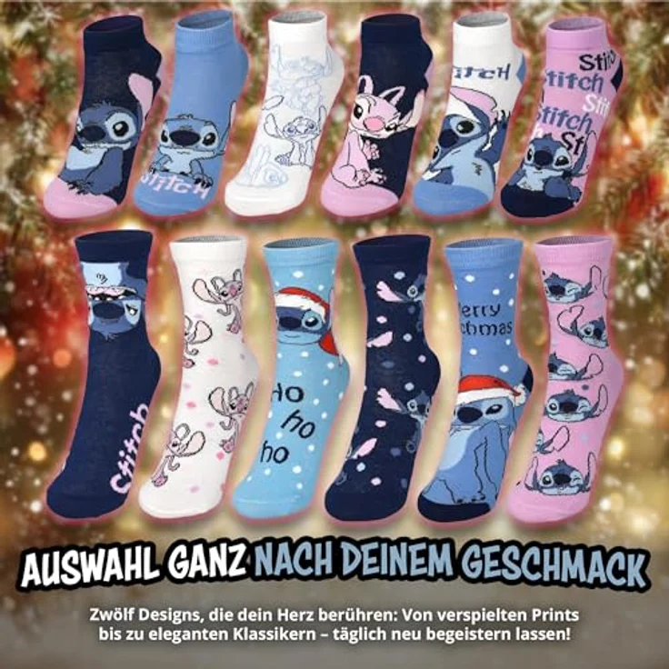 United Labels Disney Lilo & Stitch Adventskalender, 12 Paar Socken für Damen in Größe 35-41, mit Sneakersocken und langen Socken, offizielles Merchandise, Weihnachtsgeschenk – Bild 4