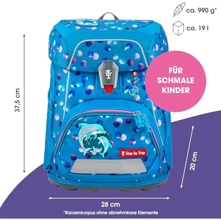 Step by Step Schulranzen-Set FIT „Dolphin Finja“, 5-teilig, ergonomischer Tornister, blau, Delfin-Design, höhenverstellbar mit Hüftgurt, 19L, mit Reflektoren für Mädchen ab der 1. Klasse – Bild 2
