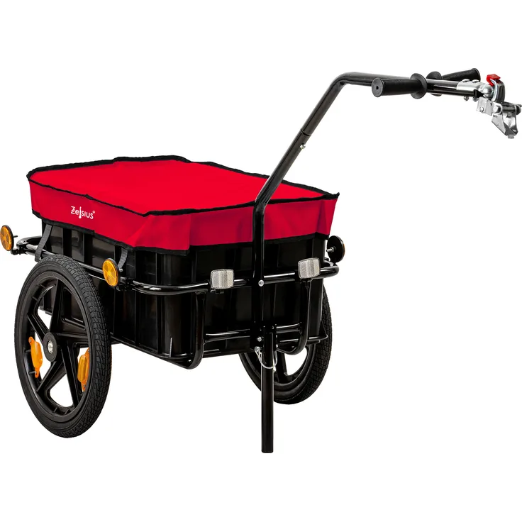 Zelsius Fahrradanhänger mit Abdeckung, Rot, 2-in-1 Transportwagen und Handwagen, 40 kg belastbar, 68 Liter Fassungsvermögen, universelle Kupplung