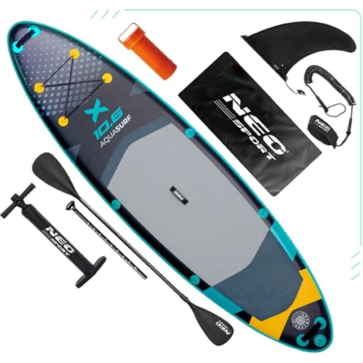 Neo-Sport Aquasurf 10.6, Aufblasbares Stand Up Paddle Board Set, 320 cm, inkl. Paddel, Handpumpe, Rucksack und Zubehör, 140 kg Tragfähigkeit, rutschfestes EVA-Deck – Bild 1
