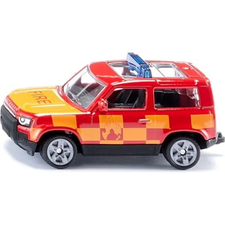 siku 1568, Land Rover Defender Feuerwehr, Spielzeug-Auto, Metall/Kunststoff, Rot/Gelb, Anhängerkupplung, Gummierte Reifen, Blaue Signalbalken