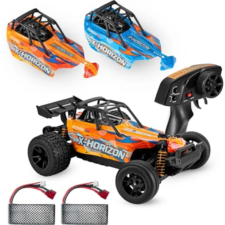 Overmax X-Horizon RC Auto 1:18, 4WD Offroad-Geländewagen bis 30 km/h, 2 Akkus für 40 Min Fahrzeit, 2 Karosserien, ab 8 Jahren