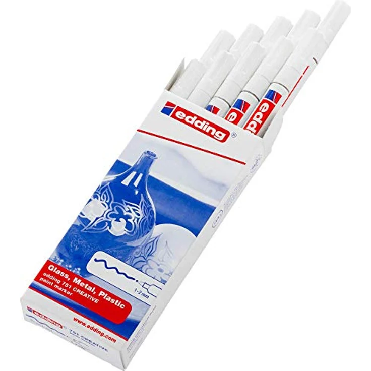edding 751 Glanzlackmarker, weiß, 10er Set, Rundspitze 1-2 mm, wasserfest und stark deckend für Glas, Stein, Holz, Kunststoff und Papier – Bild 2