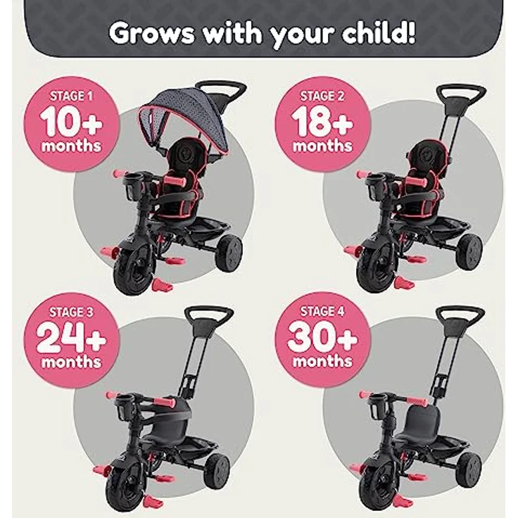 TP Toys 762 4 in 1 Deluxe Dreirad | 10 Monate bis 3 Jahre + | Rosa | Inklusive Gurt, Verstellbarer Sitz & Sonnendach – Bild 3