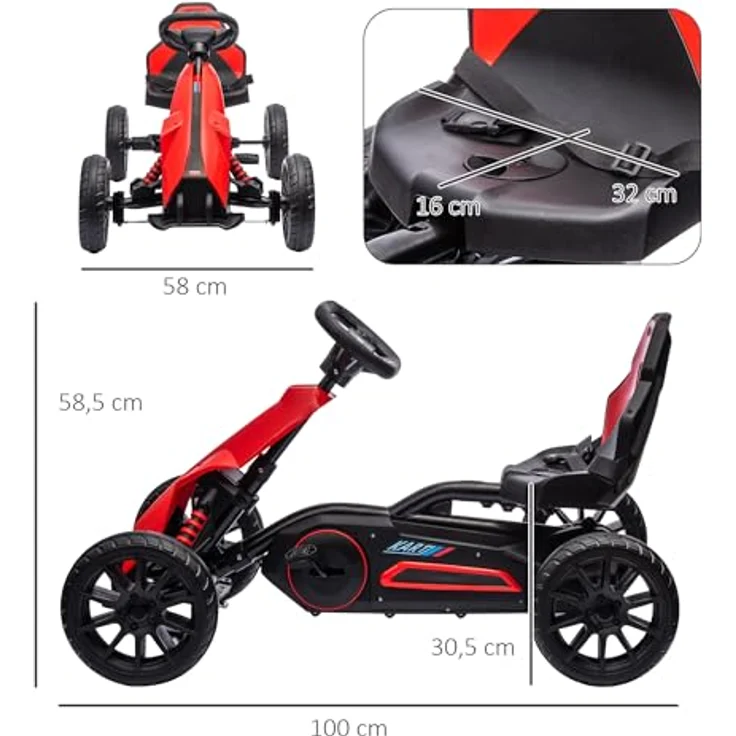 HOMCOM Go-Kart Kinderfahrzeug mit verstellbarem Sitz, Tretauto, Outdoor, für Kinder, Rot, Handbremse, 4-fach verstellbarer Sitz, EVA-Räder – Bild 8
