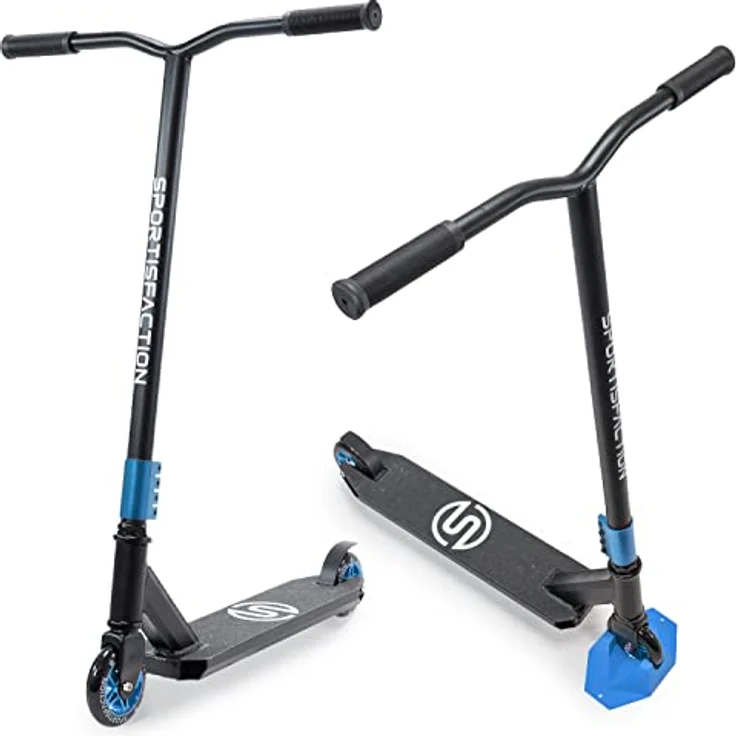 Sportisfaction Stuntscooter Blau, Profi Roller mit ABEC11 Kugellagern, 4-fach Klemme, belastbar bis 100kg, Alu-Deck 50x11cm für Tricks & Rampen – Bild 1