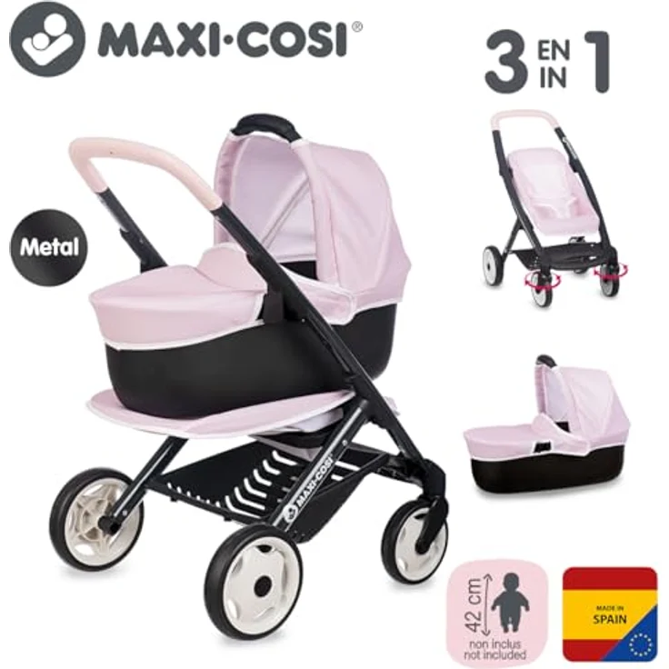 Smoby - Maxi-Cosi 3-in-1 Puppenwagen, Buggy und Tragekorb für Puppen bis 42 cm, stabile Bauweise mit drehbaren Vorderrädern, Stauraumkorb, ab 3 Jahren, hergestellt in Spanien – Bild 2