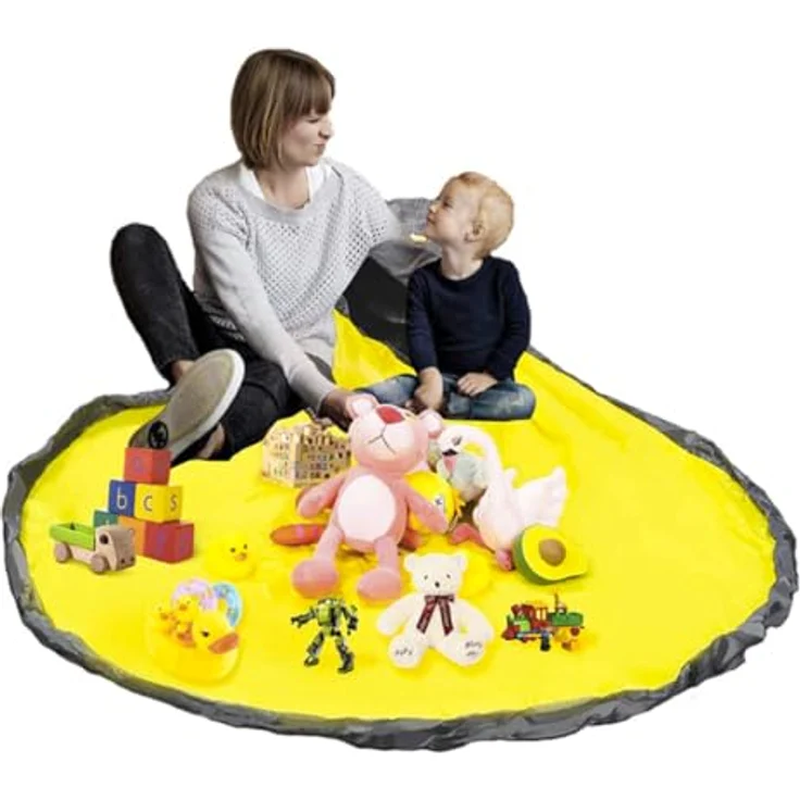 KRUZZEL Spielmatte Aufbewahrungsbox mit Spielzeugkorb, grau/gelb-schwarz, wasserfest, 135 cm Durchmesser, verstärkte Griffe für leichten Transport – Bild 6