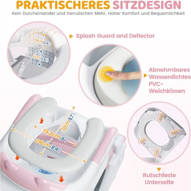 Orzbow Toilettensitz Kinder mit Treppe, stabiler dreieckiger Struktur, verlängerter Spritzschutz, rutschfest und faltbar, PVC-Polster, rosa – Bild 4