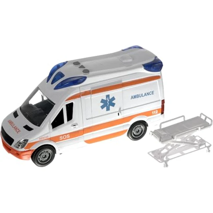 KRUZZEL Rettungswagen Krankenwagen Ambulanzwagen Spielzeugauto Licht & Sound 22731, weiß orange blau, mit realistischen Türen, Trage und beeindruckenden Licht- und Soundeffekten – Bild 1