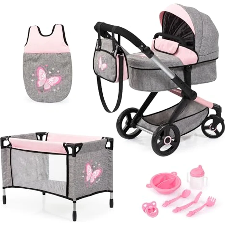 Bayer Design 17033AD Puppenwagen Xeo, Verstellbarer Griff, Schwenkschieber, wandelbar als Jogger, Schlafsack, Puppenbett, Zubehör – Bild 1