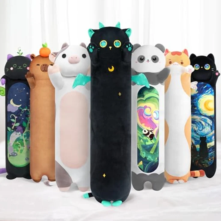 Mewaii Stofftiere Katzen Schwarze 50CM Plüsch Kissen Lang Kätzchen mit Großen Augen Plüschtier Ausgestopftes Tier Spielzeug Kuschelkissen Geschenk Plüschkissen über 3 Jahren – Bild 2