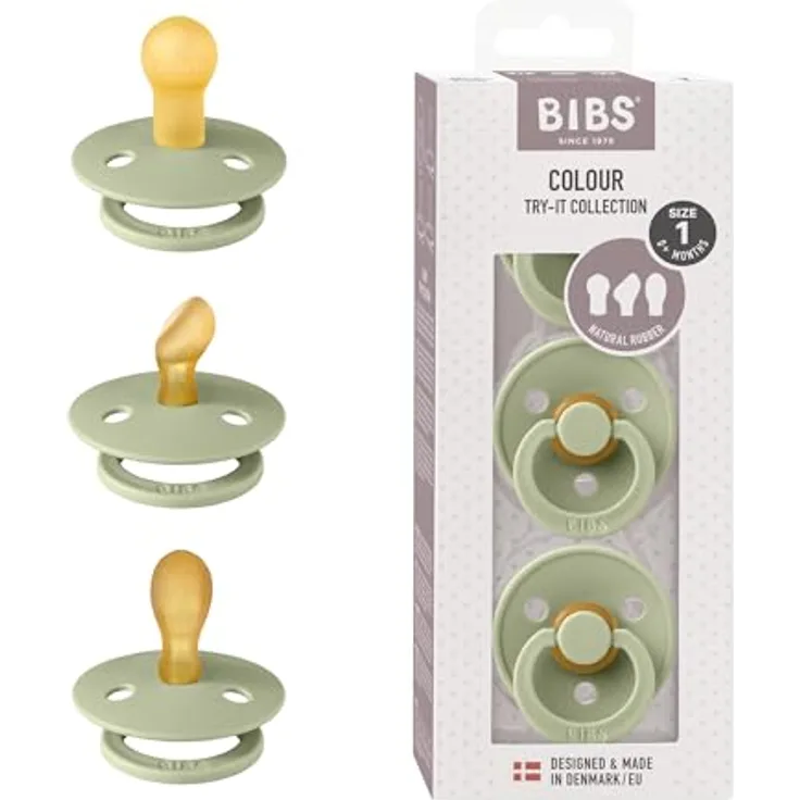 BIBS Try-It Size 1: 0+ months Set, 3 Schnuller aus Naturkautschuk in Sage, für gesunde Entwicklung von Zahnfleisch und Zähnen