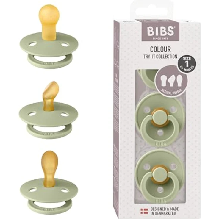 BIBS Try-It Size 1: 0+ months Set, 3 Schnuller aus Naturkautschuk in Sage, für gesunde Entwicklung von Zahnfleisch und Zähnen – Bild 1