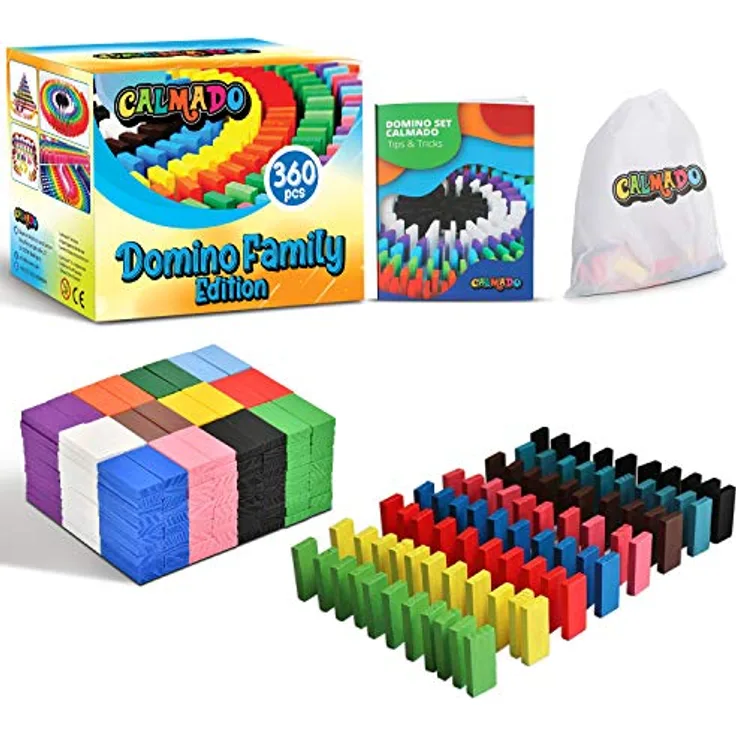 calmado Domino Family Edition, 360-teiliges Set aus Buchenholz mit Aufbewahrungstasche und Anleitung für kreative Bauideen