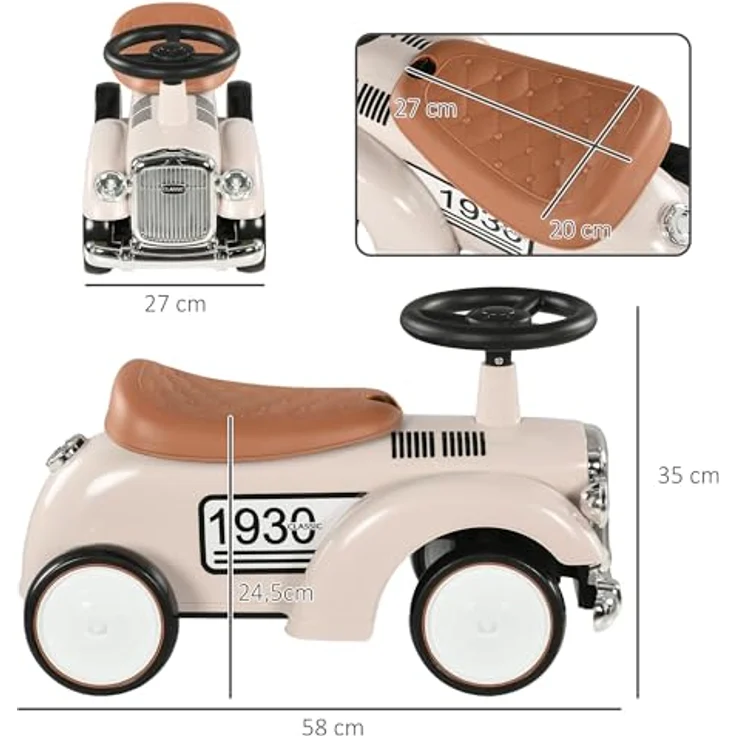 AIYAPLAY Kinder Rutschauto, Rutscherfahrzeug mit Kippschutz, Vintage-Design und Stauraum, Creme, 58 x 27 x 35 cm – Bild 5