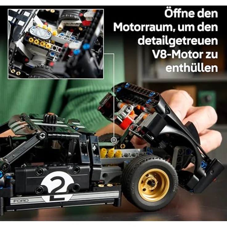 LEGO Technic 1966 Ford GT40 MKII, Bauset für Erwachsene mit lenkbaren Rädern und V8-Motor, schwarz-silberne Rennlackierung, 42223 – Bild 4