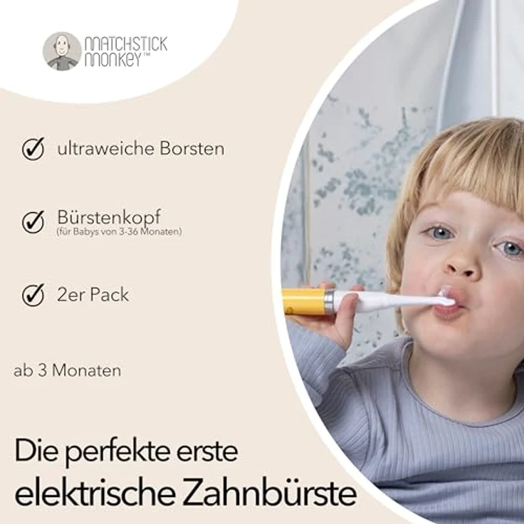 Matchstick Monkey Zahnbürsten Ersatzköpfe 2er Pack, ultraweiche Borsten mit BioCote Schutz für elektrische Zahnbürste, für Babys 3-36 Monate, sanfte Reinigung – Bild 3