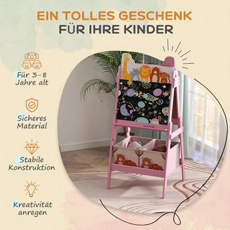 AIYAPLAY Kinder Staffelei 2-in-1, doppelseitige Tafel mit Kreidetafel und Whiteboard, inkl. 2 Aufbewahrungsboxen, rosa, für Kinder 3-8 Jahre – Bild 5
