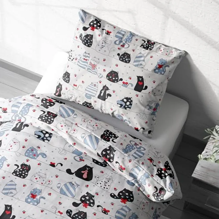 2-teilige Renforcé Kinder Bettwäsche 135x200cm und 80x80cm - Katzen, Pfoten, Herzen - 100% Baumwolle, Bettgarnitur (KY-Katzen-Weiß) – Bild 2