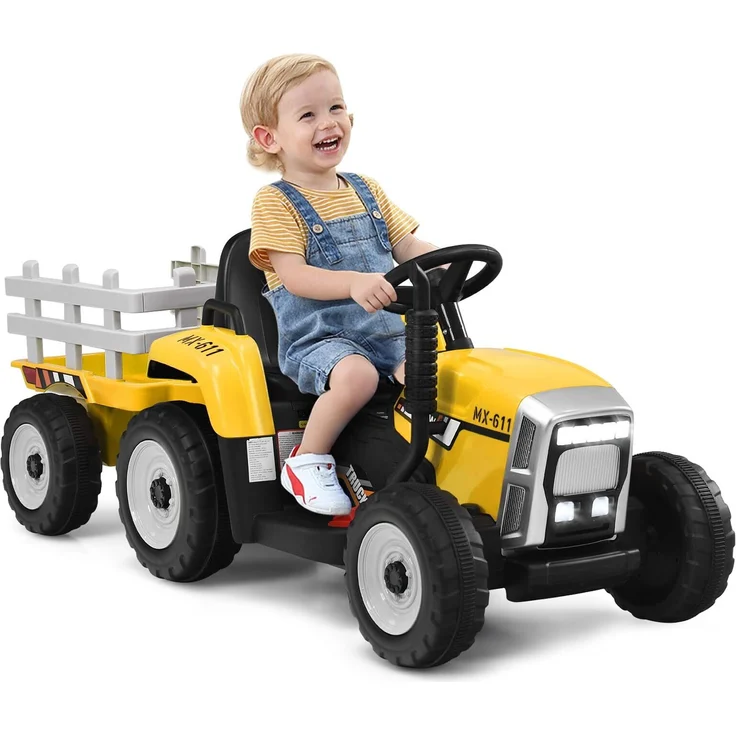 GOPLUS Elektrofahrzeuge mit Anhänger, 3-Gang Elektroauto Traktor mit Fernbedienung, LED-Licht & Musik & Bluetooth, für Kinder ab 3 Jahren, bis 30 kg (Gelb)