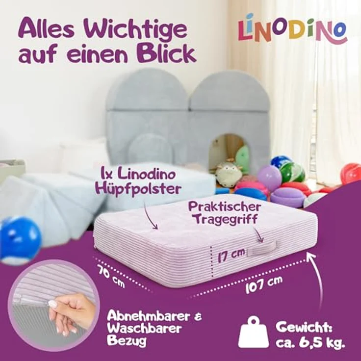 Hüpfpolster Oktopus Lila mit Federkern, rutschfester Unterseite, Tragegriff und abnehmbarem, waschbarem Cord-Bezug – Bild 7