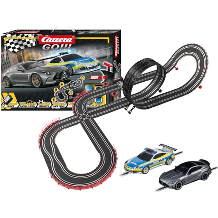 Carrera GO!!! Chase 'n Race Rennbahn-Set, 5,3 Meter lange Strecke mit Polizei Porsche 911 und Mercedes-AMG GT, für bis zu 2 Spieler, für Kinder ab 6 Jahren und Erwachsene