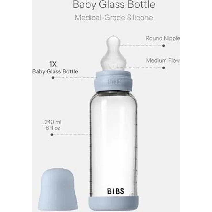 BIBS Baby Glasflasche 240ml, Vermindert Koliken, Runder Silikonsauger, BPA-frei, Hergestellt in Dänemark - Baby Blue – Bild 2