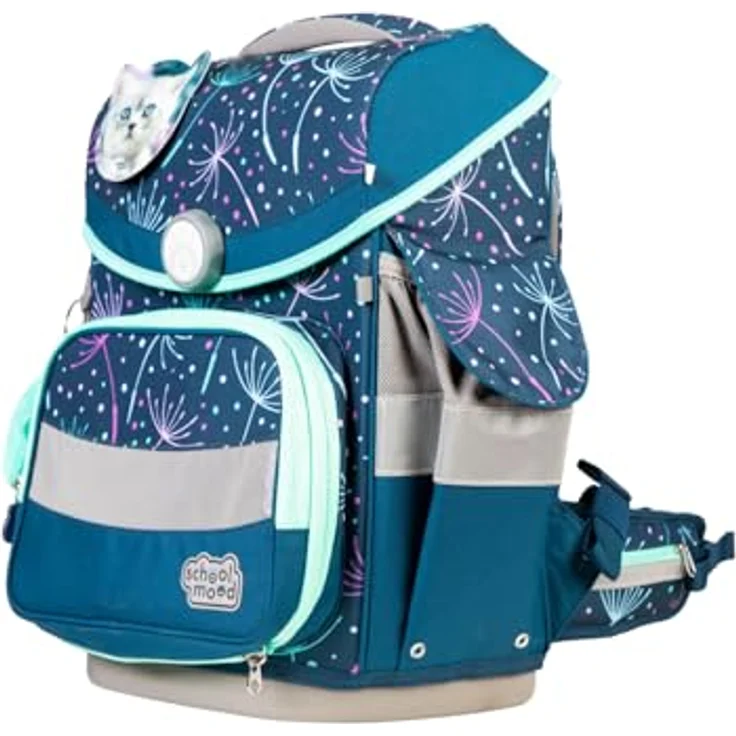SCHOOL-MOOD Timeless Pro Schulranzenset 7-teilig 23,5L Stauraum, ergonomisches Easy Fit System für 1 m bis 1,50 m Körpergröße, standfest, wasserdichter Stoff mit Reflektoren (Lina Kätzchen) – Bild 3
