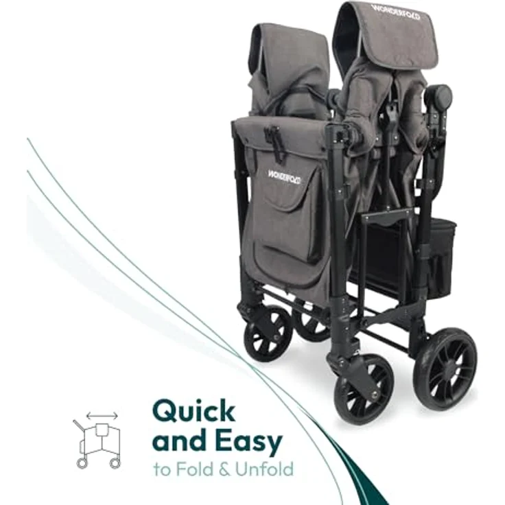 WONDERFOLD W2 Elite - Cochecito doble con 2 asientos altos cara a cara, arneses de 5 puntos, mango ajustable y toldo de protección UV, W2 Elite Gray – Bild 5