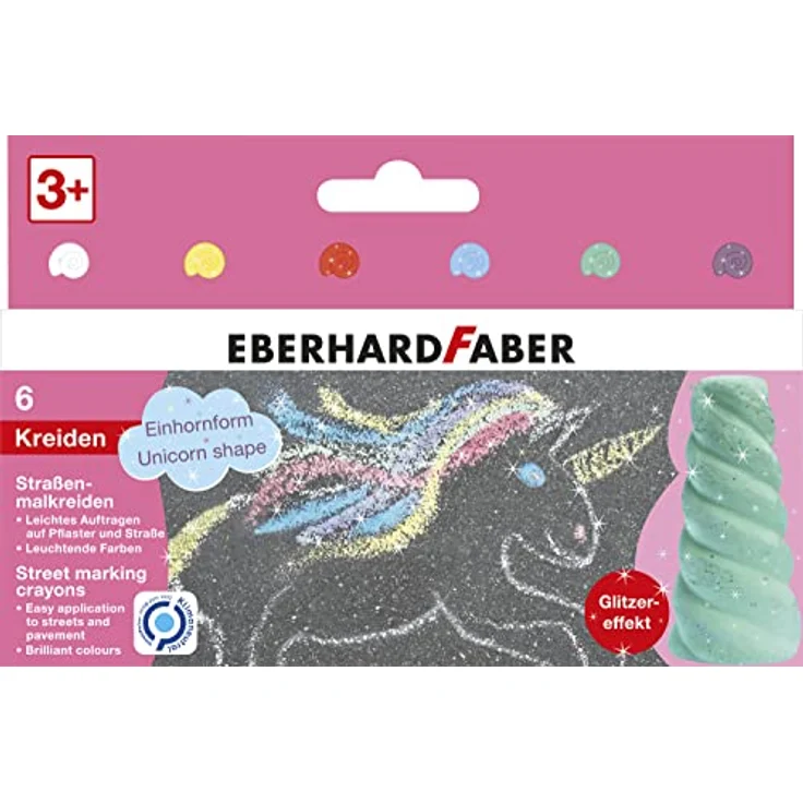 Eberhard Faber 526560 - Straßenmalkreiden mit Glitzereffekt, in 6 leuchtenden Farben und Einhornform, für bunten Malspaß auf Asphalt und Gehwegen – Bild 2