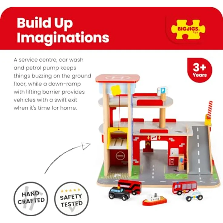 Bigjigs Spielzeug Holz Park & Play Garage Spielset, belebte Autowerkstatt mit Autolift, Servicecenter und Hubschrauberlandeplatz, 3 Ebenen – Bild 3