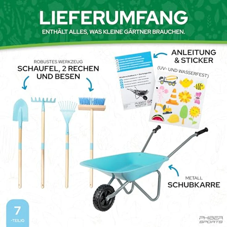 PHIBER-SPORTS Schubkarre Kinder aus Metall mit Gartenwerkzeug Set – inkl. Schaufel, Kinderbesen, Kinderrechen, Laubrechen, wetterfeste Sticker – perfekt für Garten & Strand – Bild 4