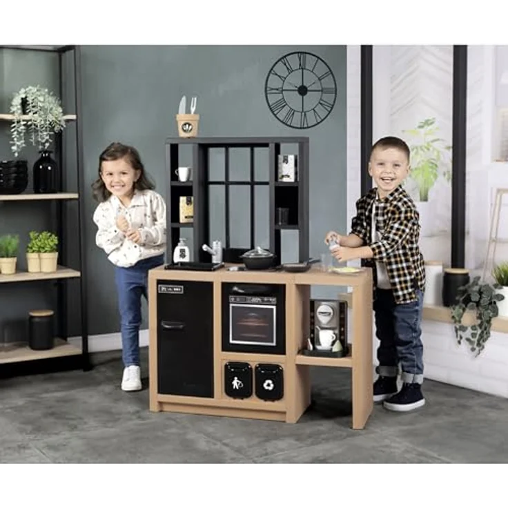 Smoby Spielküche Loft, Kinderküche im Industrial-Look mit 32 Zubehörteilen und Spezialeffekten, ab 3 Jahre, 74x29,2x95,7 cm – Bild 2