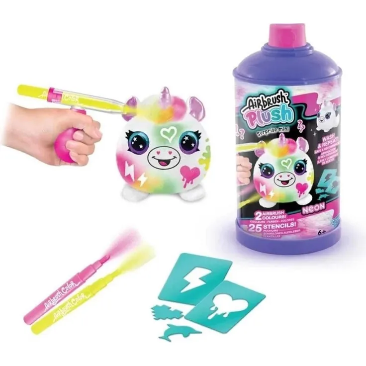 Canal Toys Airbrush-Plüsch Mini-Überraschungsplüsch, personalisierbar mit Filzstiften und Schablonen, Neonfarben, 1 Packung, inkl. 25 Vorlagen - AIR 020