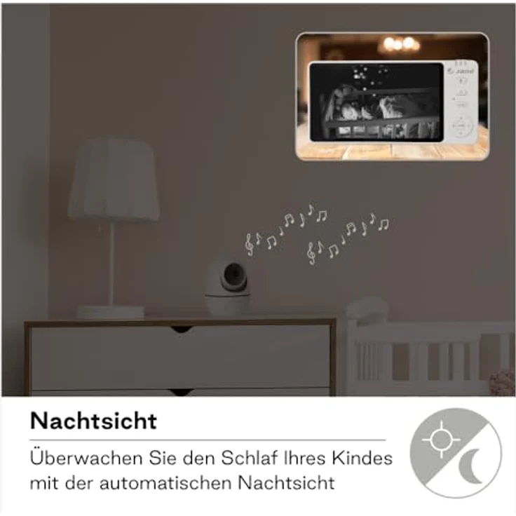 Jané Eye Pro Baby-Monitor, Babyphone mit rotierender Kamera, 5 Zoll Farbdisplay, motorisierte Neigungsverstellung, weiß – Bild 4