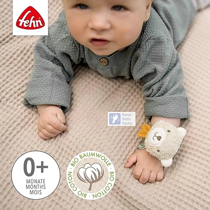 Fehn Rasselarmband Bär fehnNATUR – Activity-Armband mit Rassel und Bio-Baumwolle (kbA) zum Greifen, Bewegen & Geräusche erzeugen – Lernspielzeug für Babys und Kleinkinder ab 0+ Monaten – Bild 3