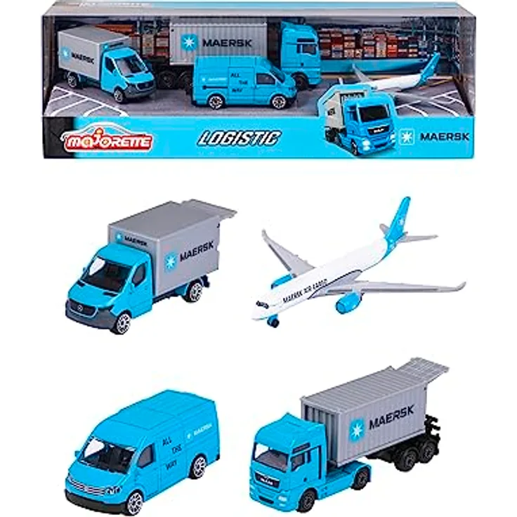 Majorette - Maersk Transport-Fahrzeuge (Geschenkset) - 4 Modellfahrzeuge aus Metall (Man Truck, Mercedes-Benz Sprinter, Volkswagen Crafter & Airbus Flugzeug), Spielzeug für Kinder ab 3 Jahre