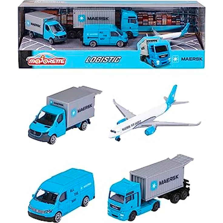 Majorette - Maersk Transport-Fahrzeuge (Geschenkset) - 4 Modellfahrzeuge aus Metall (Man Truck, Mercedes-Benz Sprinter, Volkswagen Crafter & Airbus Flugzeug), Spielzeug für Kinder ab 3 Jahre – Bild 1