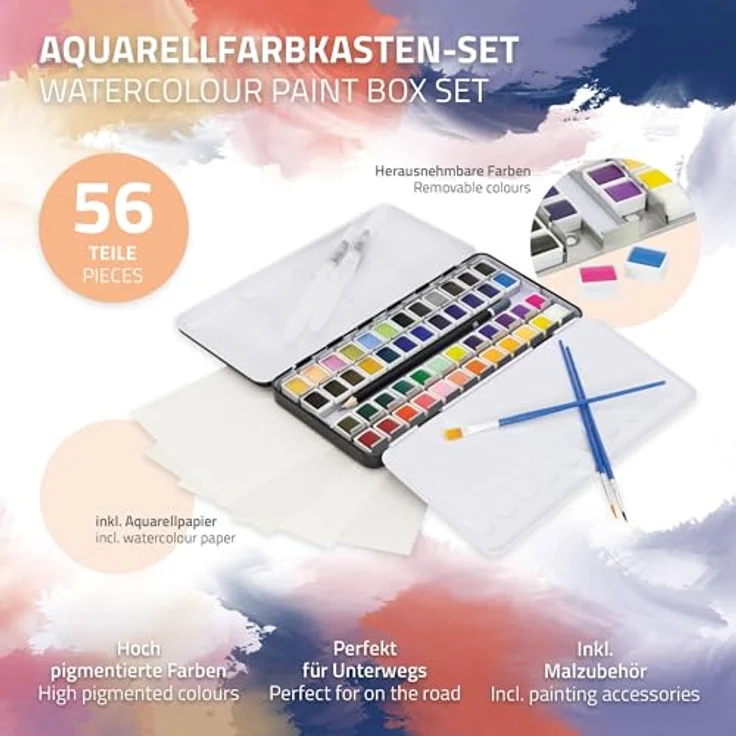 ECD Germany Kreativset Malkoffer, 48-tlg Aquarellfarben Set mit 48 Farben, 3 Pinsel, 2 Aquarellstifte und 2B Bleistift, mehrfarbig – Bild 2