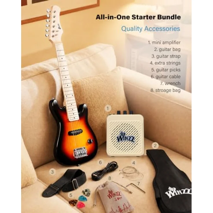 Winzz 30 Zoll Mini E-Gitarre für Kinder, Ahorn Griffbrett, Elektrische Gitarre Anfänger Set mit 3W Verstärker, Sunburst – Bild 2