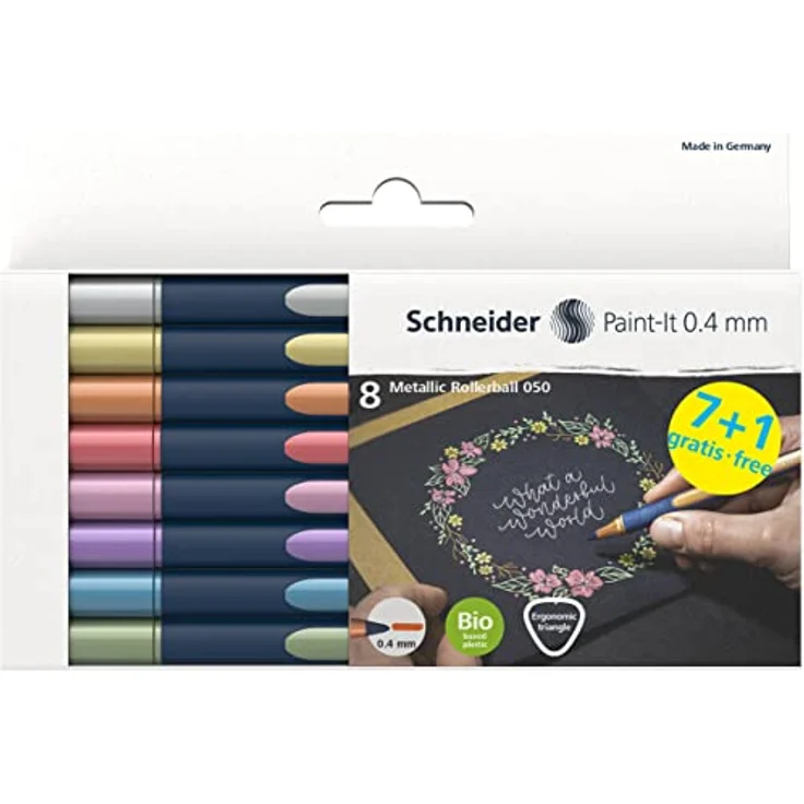Schneider ML05011502 Metallic Rollerball Stifte 8er Set (Strichstärke 0,4 mm, hochmetallische Tinte, schnelltrocknend, Gehäuse aus 88% biobasiertem Kunststoff) 8 Stück farblich sortiert – Bild 2