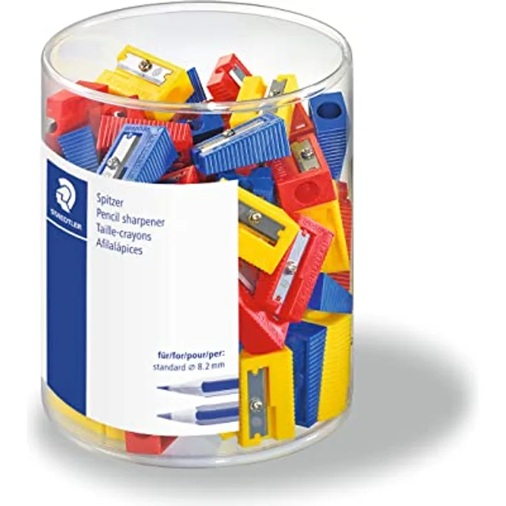 Staedtler Kunststoffspitzer 510 50, Anspitzer für Stifte bis 8,2 mm Ø, 100 Stück, farbig sortiert (gelb, rot, blau)