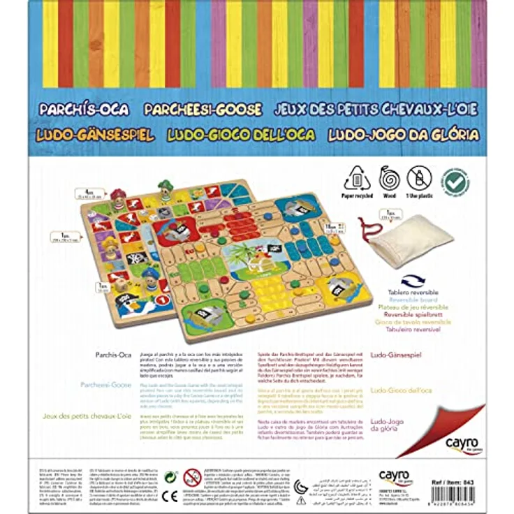 Cayro Ludo und Gans Piratenmodell, Doppelbrettspiel für 2 bis 4 Spieler, ab 5 Jahren, aus Holz mit Wendebrett und Holzteilen